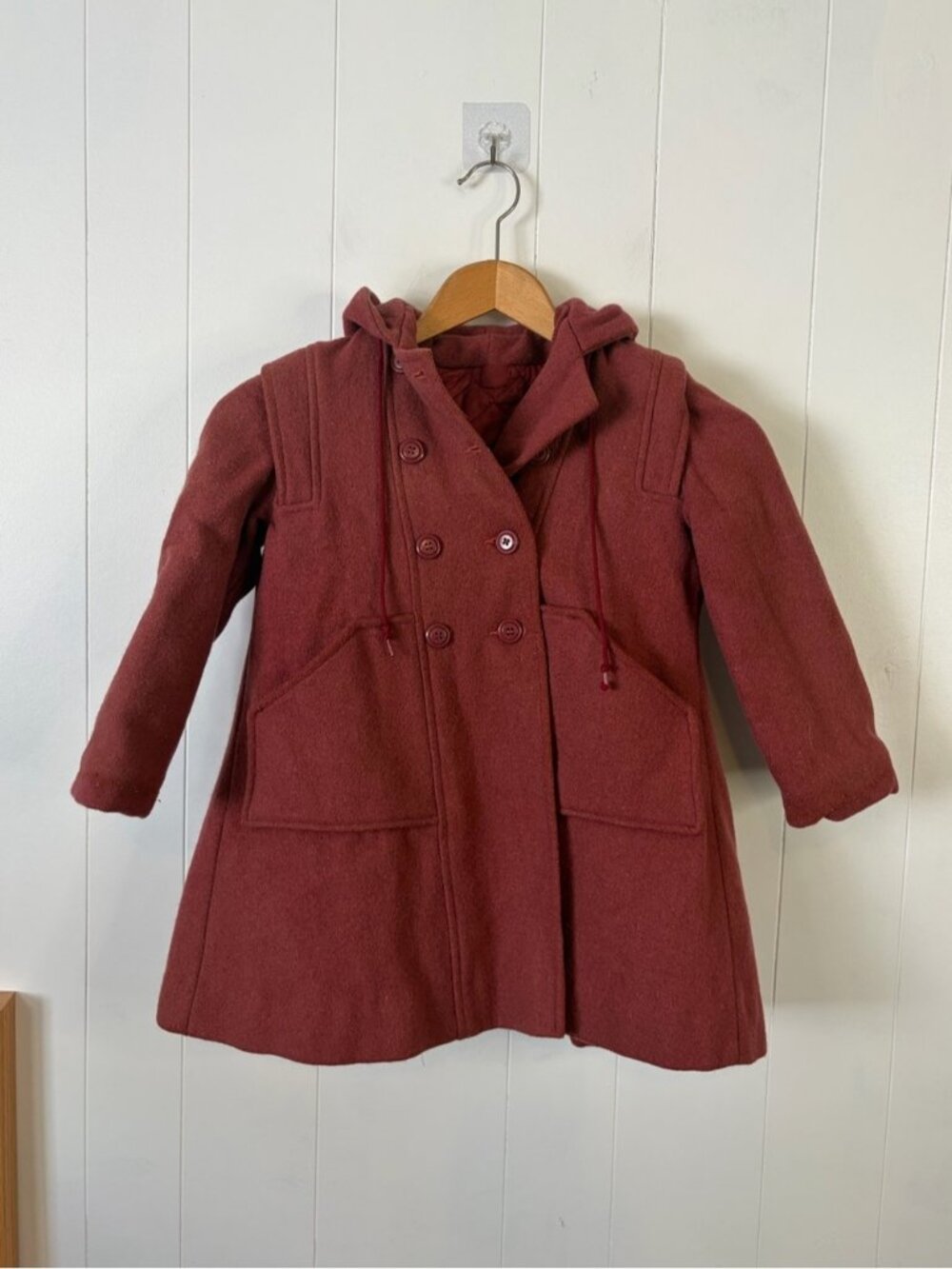 Vintage Mauve Red Pink Little Girls Wool Hooded Peacoat Winter Jacket Coat 3 4